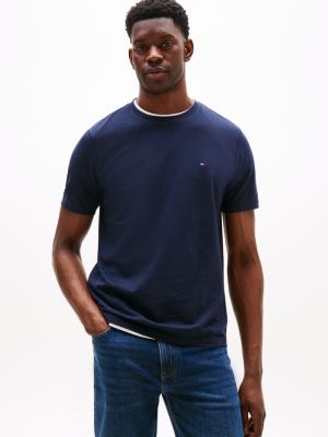 blue rundhals-t-shirt mit flag-stickerei für herren - tommy hilfiger