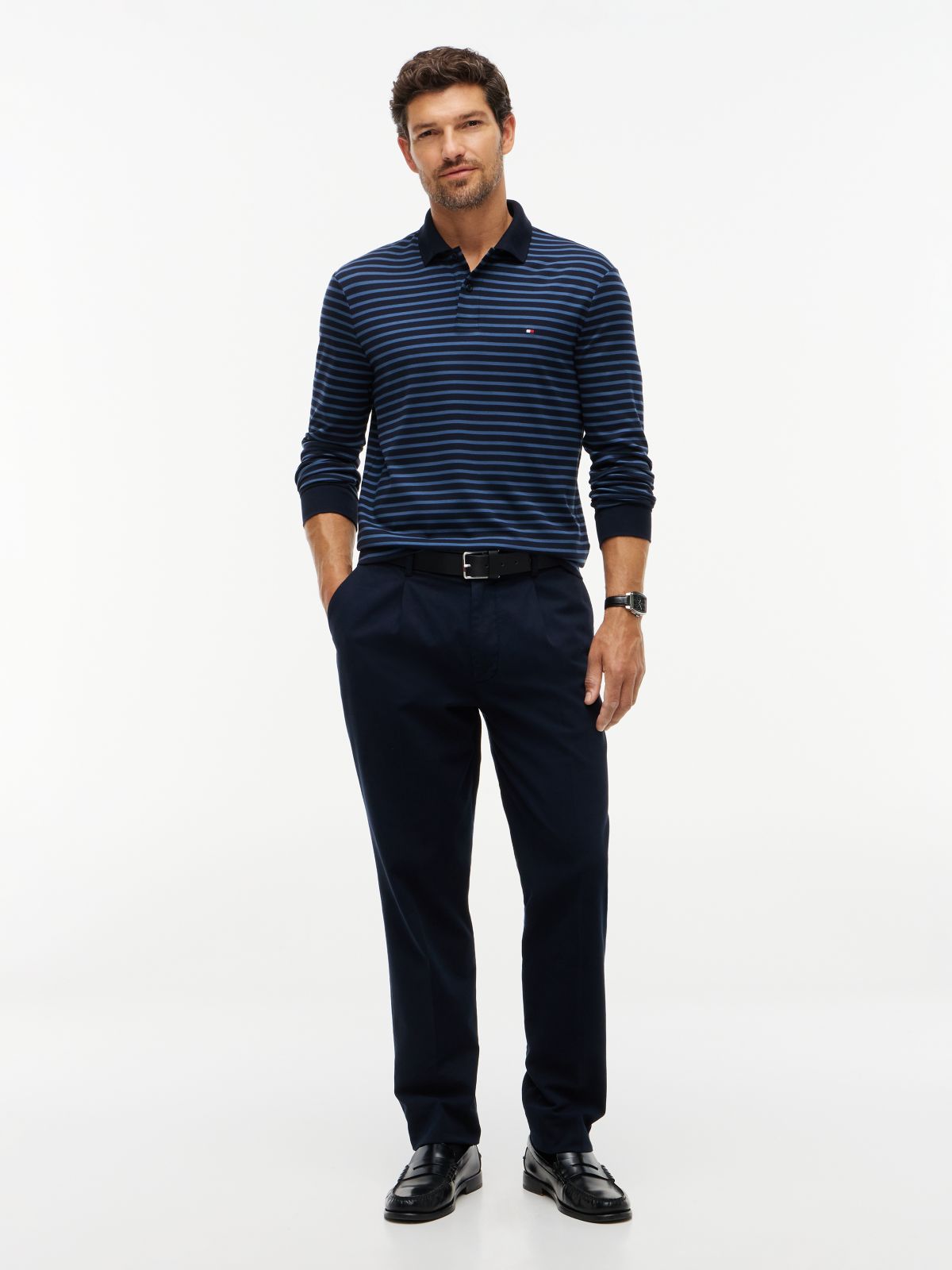 Fluid Cotton Long Sleeve Polo Shirt — Blue