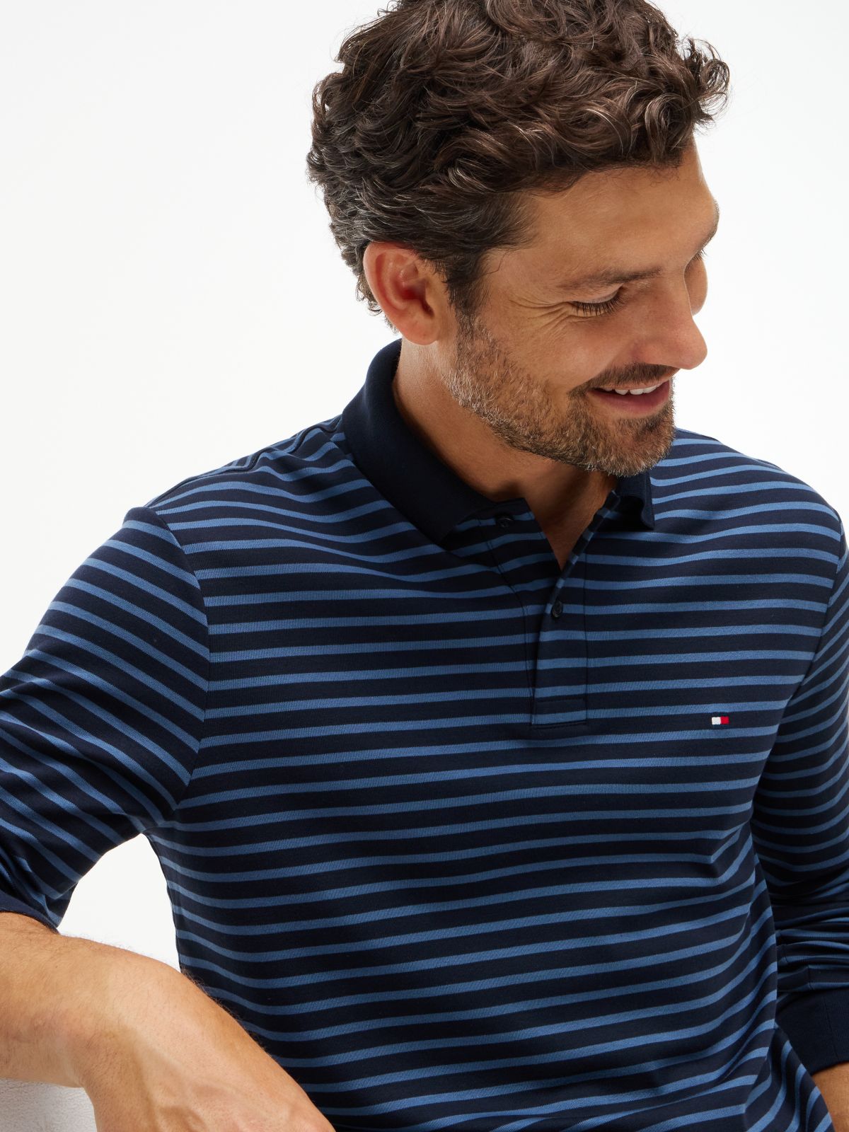 Fluid Cotton Long Sleeve Polo Shirt — Blue