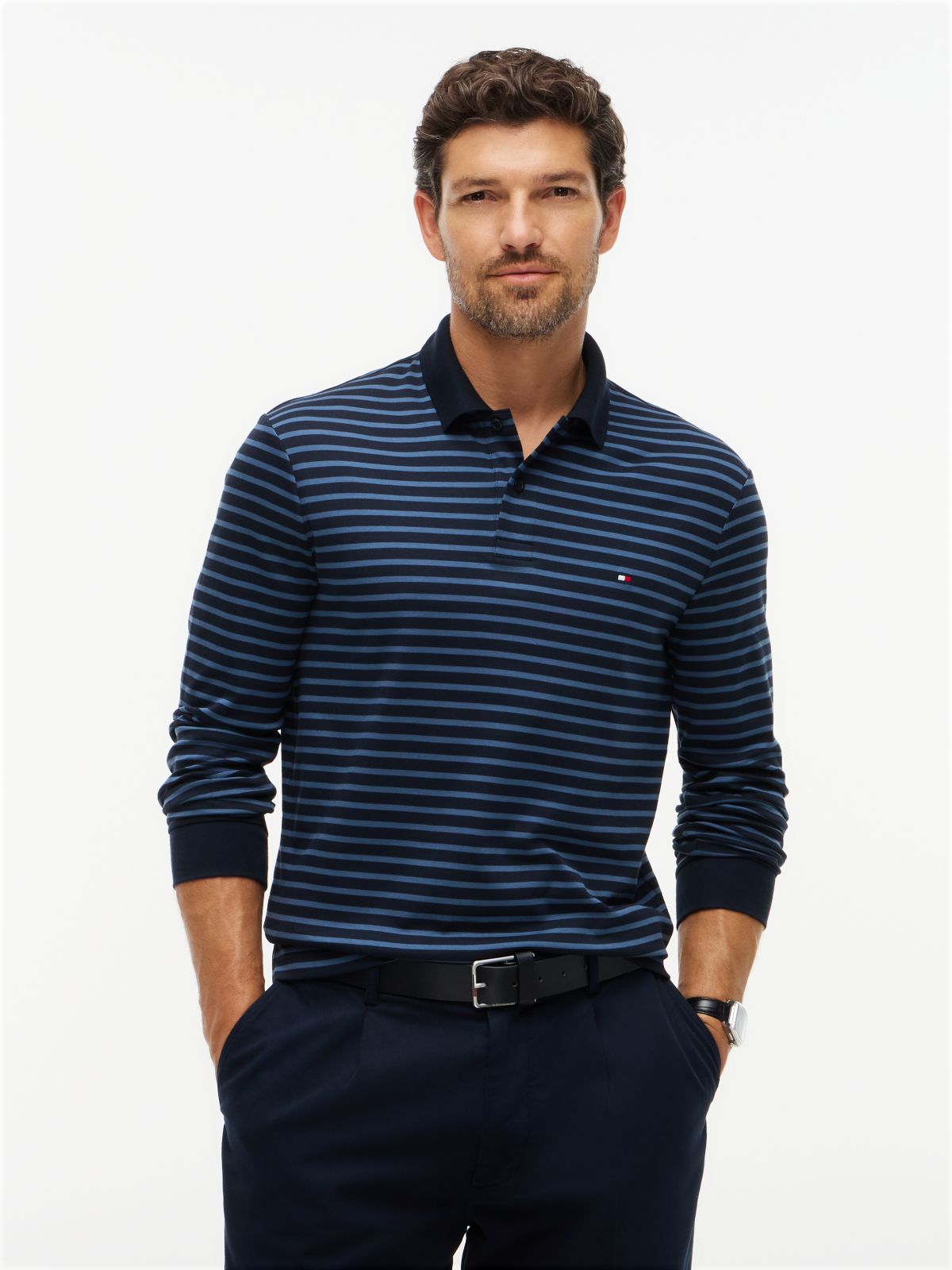 Fluid Cotton Long Sleeve Polo Shirt — Blue