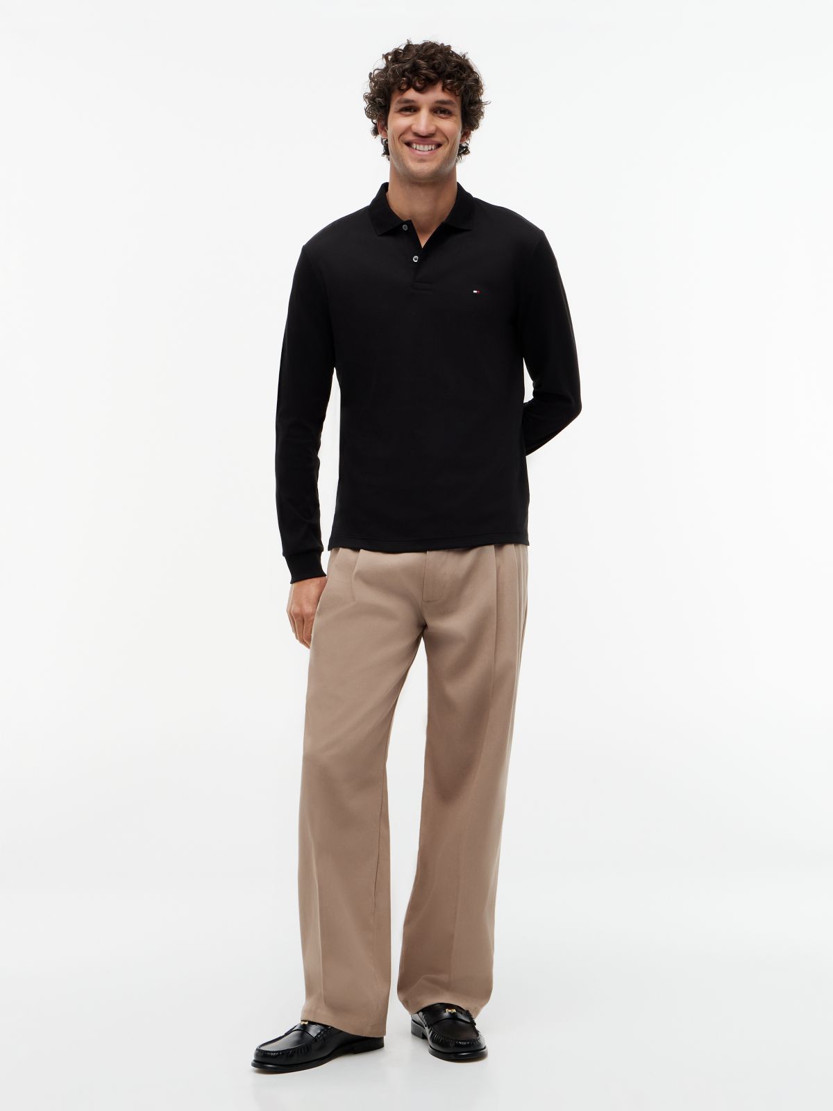 Fluid Cotton Long Sleeve Polo Shirt — Black