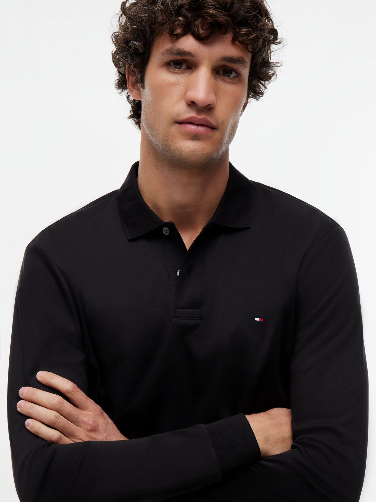 Fluid Cotton Long Sleeve Polo Shirt — Black