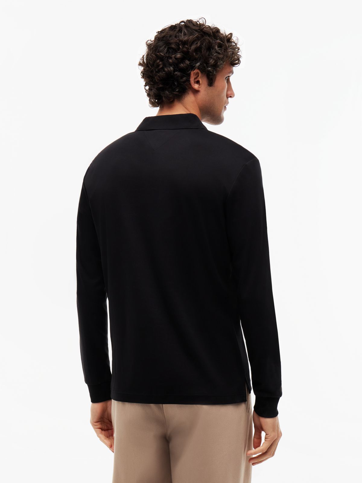 Fluid Cotton Long Sleeve Polo Shirt — Black