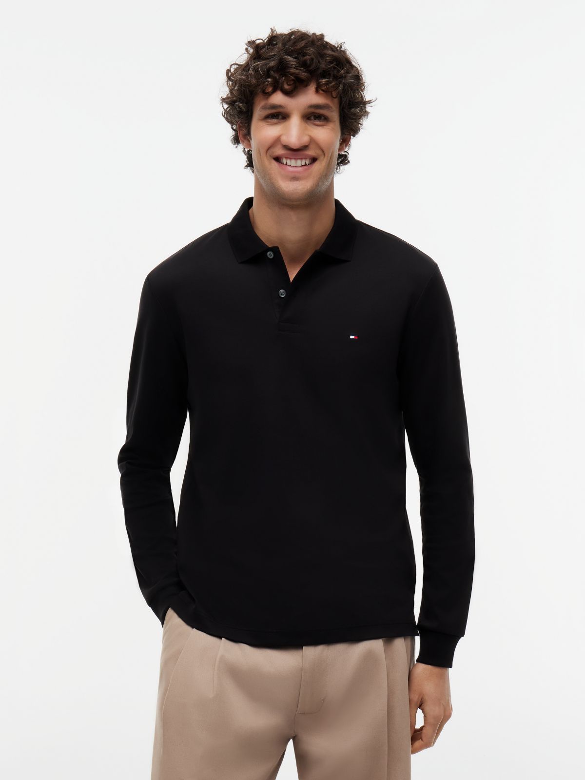 Fluid Cotton Long Sleeve Polo Shirt — Black