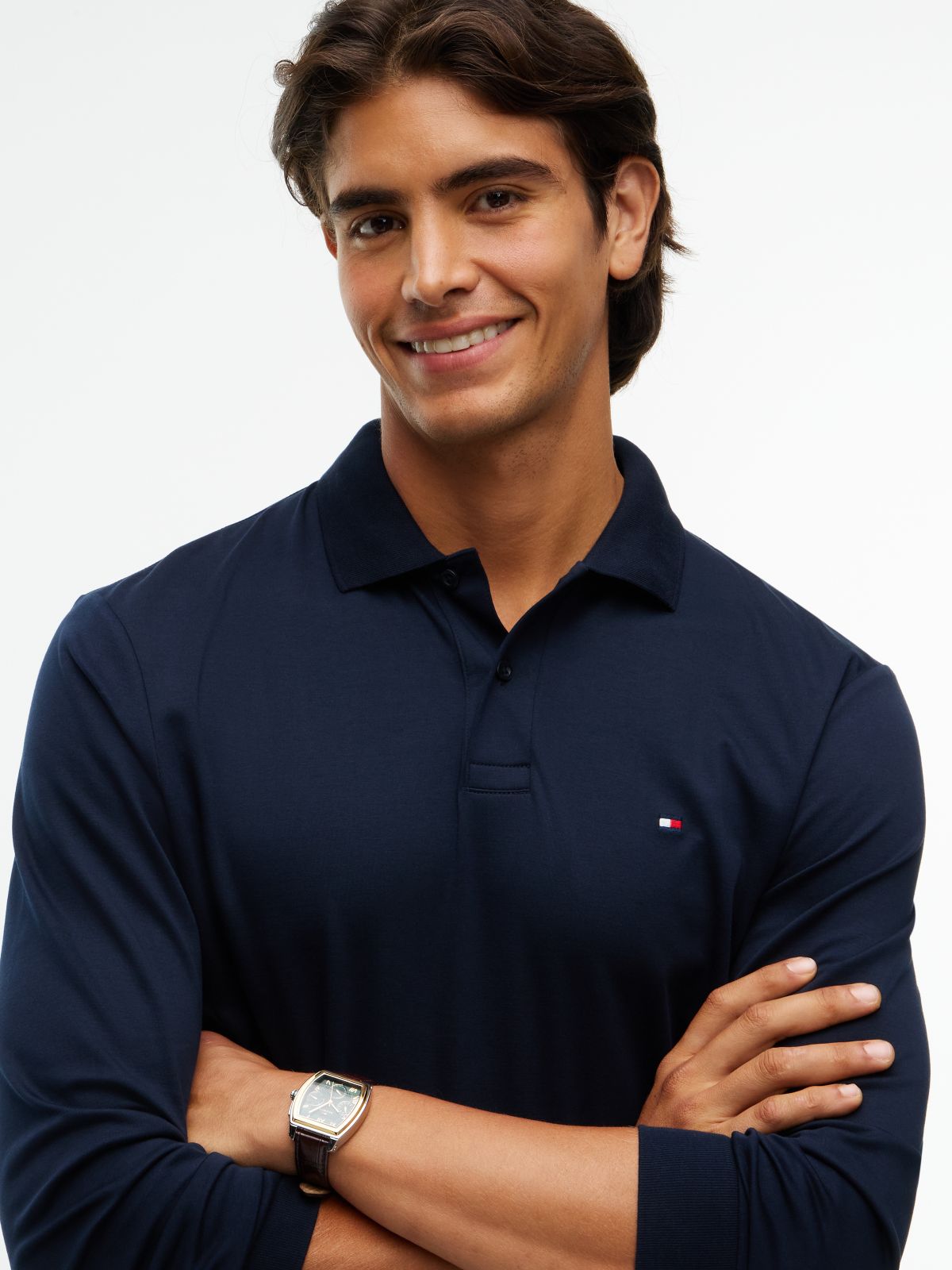 Fluid Cotton Long Sleeve Polo Shirt — Blue