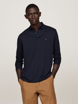 polo coupe standard à manches longues bleu pour hommes tommy hilfiger