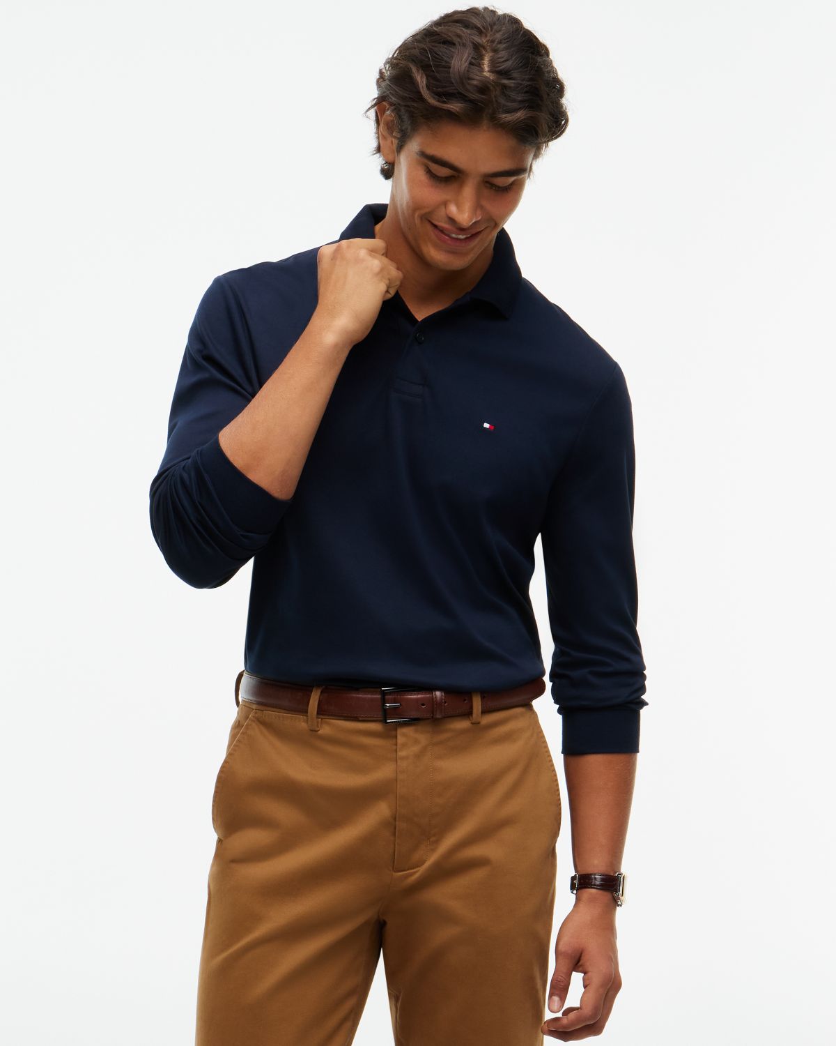 Fluid Cotton Long Sleeve Polo Shirt — Blue