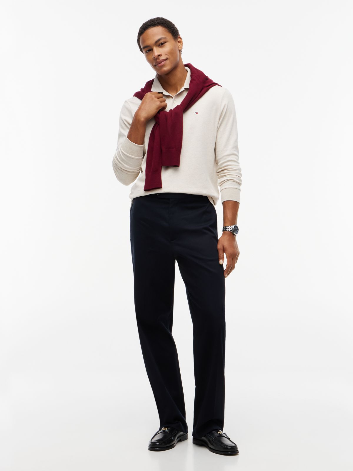 Fluid Cotton Long Sleeve Polo Shirt — Beige