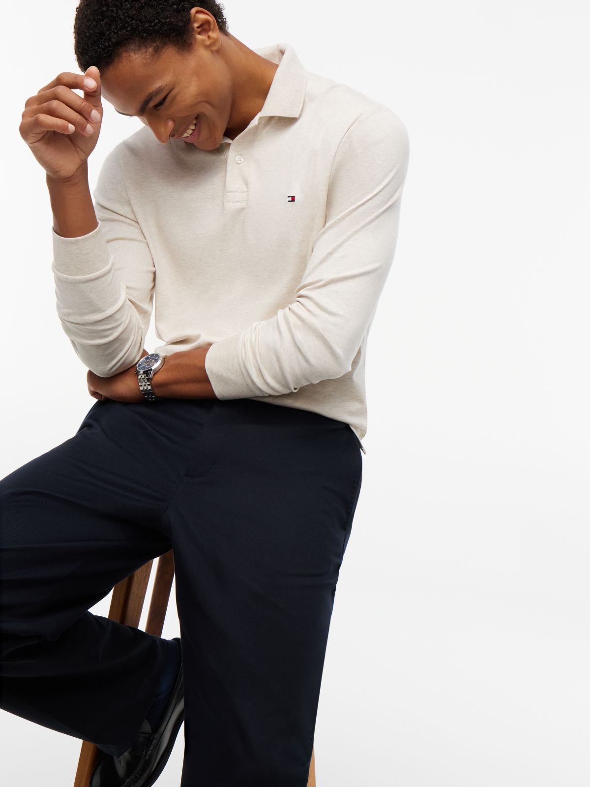 Fluid Cotton Long Sleeve Polo Shirt — Beige