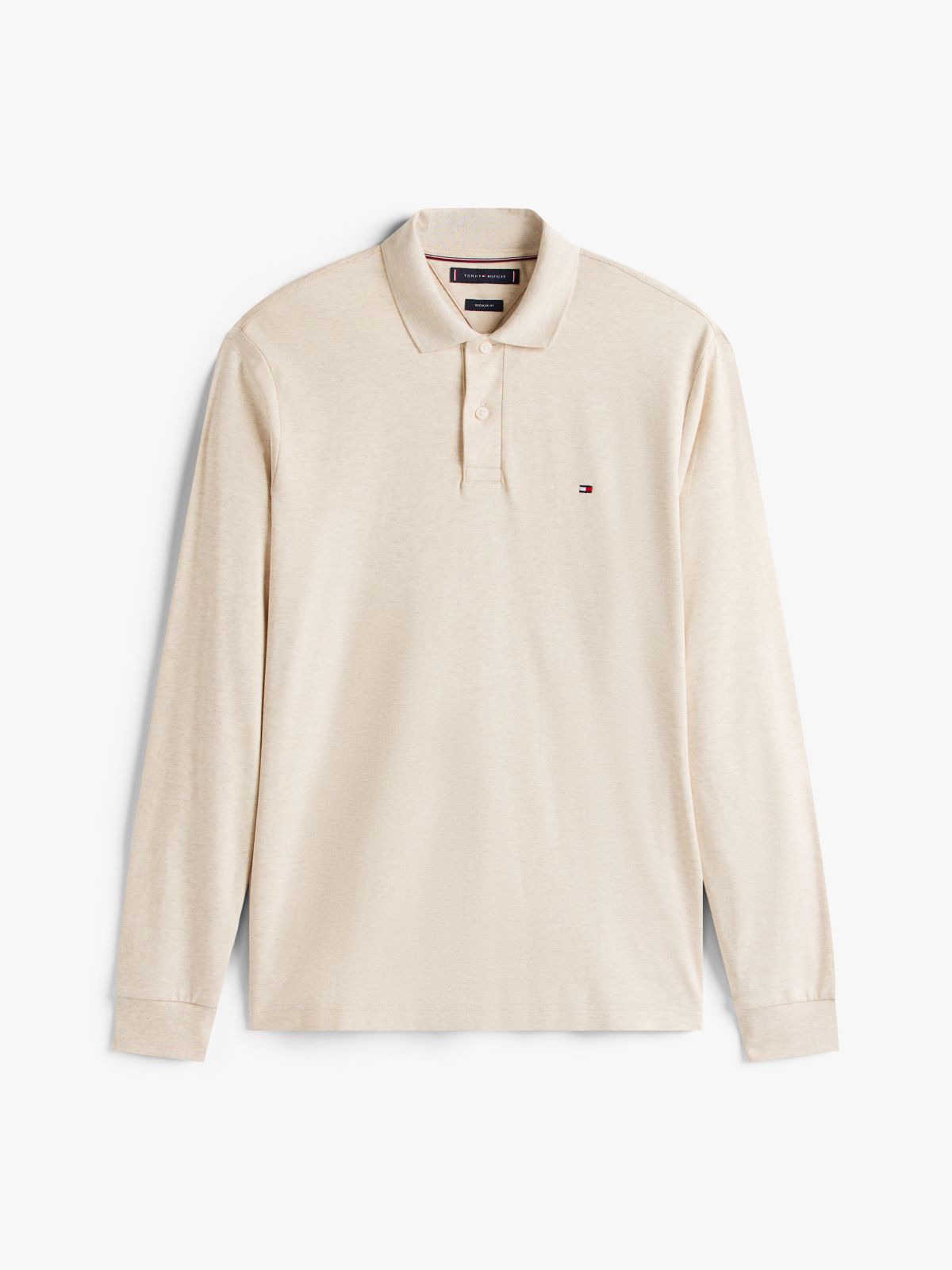 Fluid Cotton Long Sleeve Polo Shirt — Beige