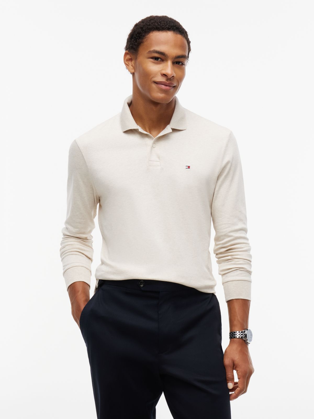 Fluid Cotton Long Sleeve Polo Shirt — Beige