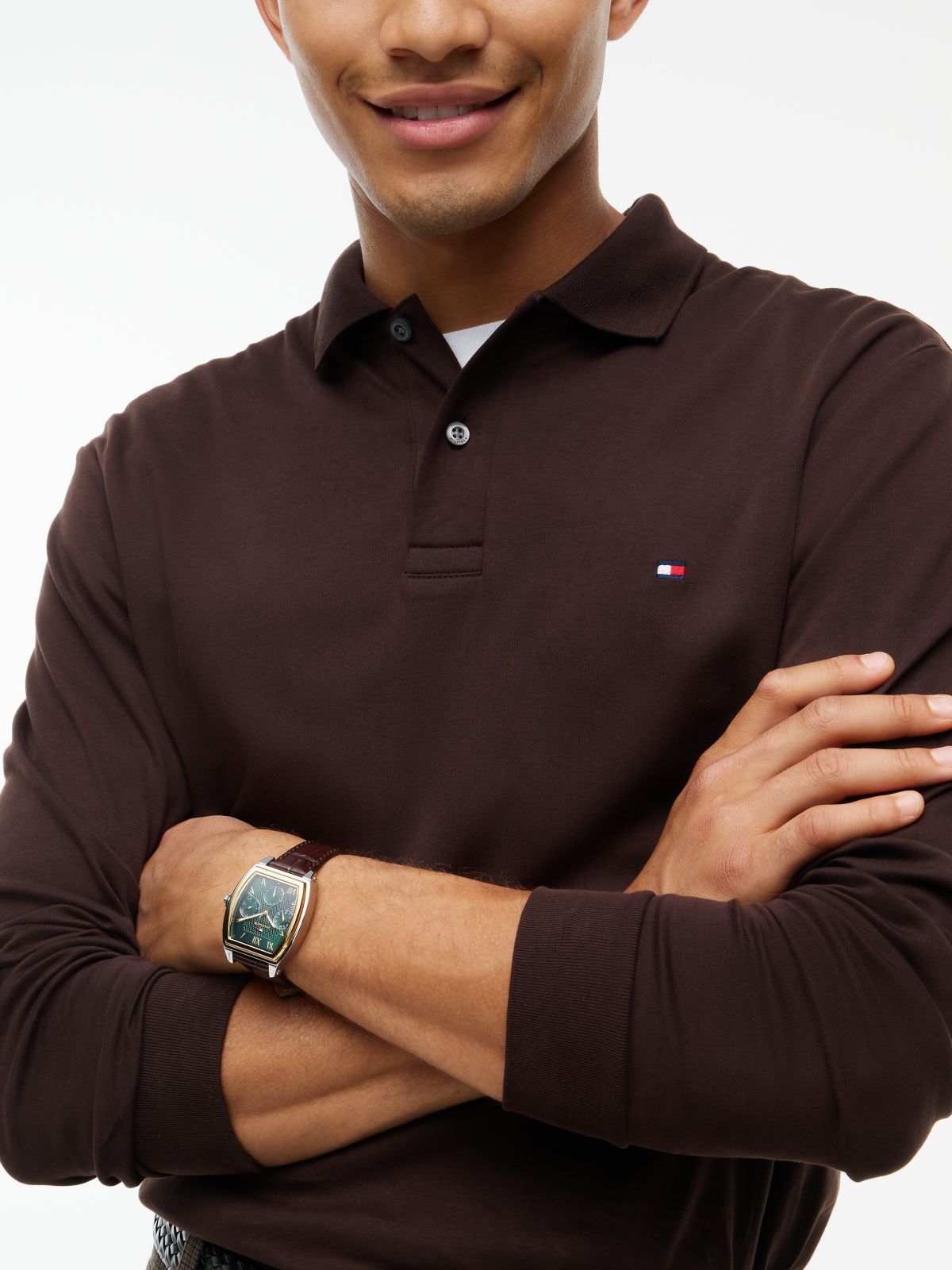 Fluid Cotton Long Sleeve Polo Shirt — Brown