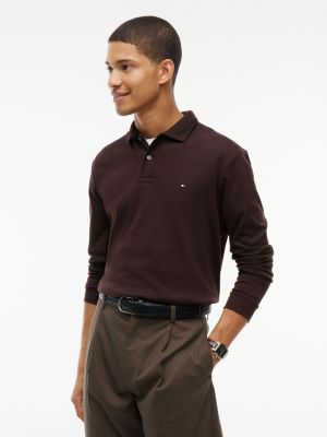 brown fluid cotton long sleeve polo shirt for men tommy hilfiger