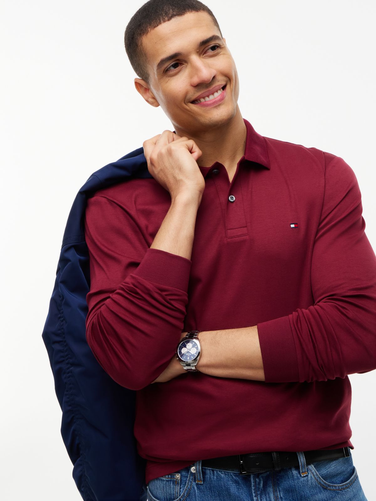 Fluid Cotton Long Sleeve Polo Shirt — Purple