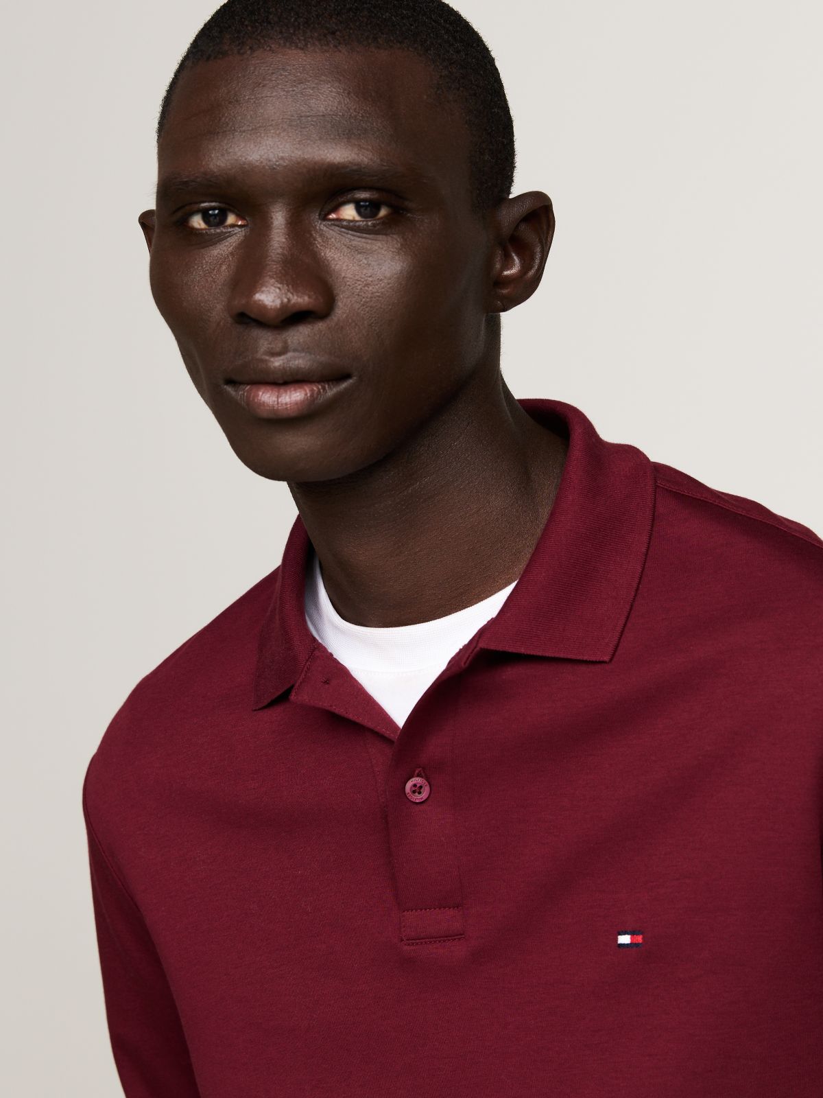 Fluid Cotton Long Sleeve Polo Shirt — Purple