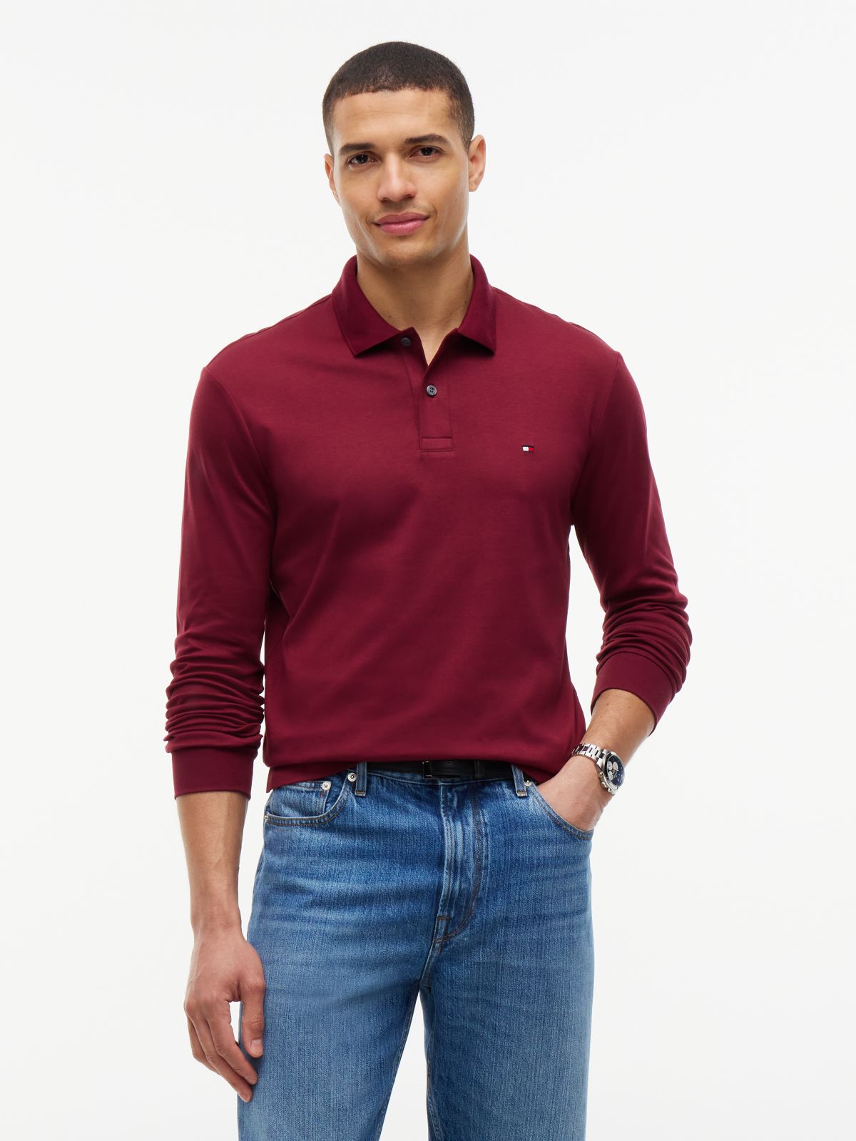Fluid Cotton Long Sleeve Polo Shirt — Purple