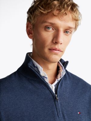 blauw trui met 1/4-rits en geborduurde vlag voor heren - tommy hilfiger