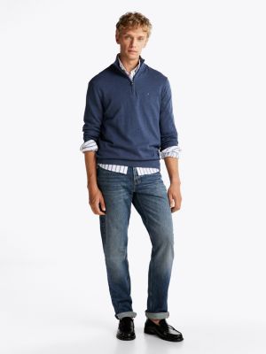 blauw trui met 1/4-rits en geborduurde vlag voor heren - tommy hilfiger