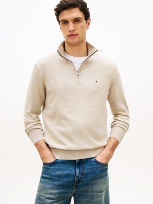 khaki pullover mit reißverschluss und mock neck für herren - tommy hilfiger