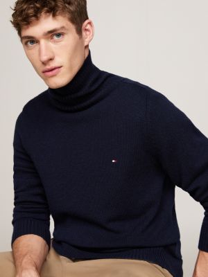 blue pure wool roll neck jumper for men tommy hilfiger