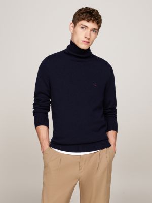 blue pure wool roll neck jumper for men tommy hilfiger