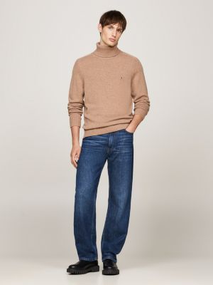 pull en pure laine à col roulé kaki pour hommes tommy hilfiger