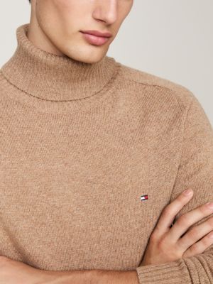 pull en pure laine à col roulé kaki pour hommes tommy hilfiger