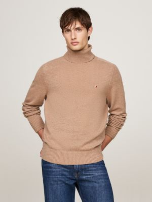 pull en pure laine à col roulé khaki pour hommes tommy hilfiger