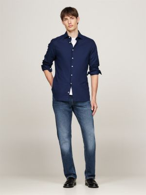 camisa de corte slim en tejido dobby azul de hombres tommy hilfiger