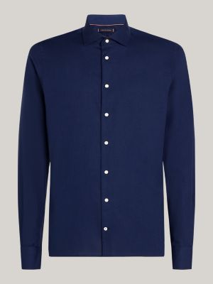 camisa de corte slim en tejido dobby azul de hombres tommy hilfiger