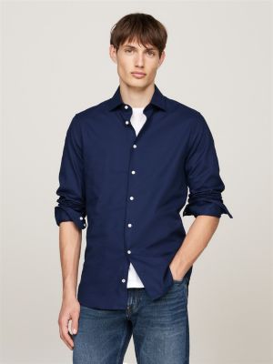 camisa de corte slim en tejido dobby azul de hombres tommy hilfiger