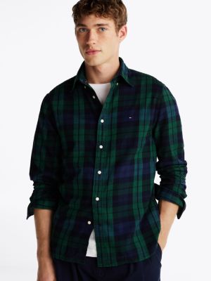 camisa de corte regular en tartán black watch green de hombres tommy hilfiger