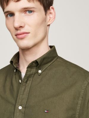 camicia oxford regular fit tinta in capo khaki da uomini tommy hilfiger