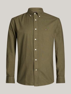 camicia oxford regular fit tinta in capo khaki da uomini tommy hilfiger