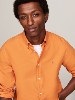 orange koszula z bawełny oxford farbowana po uszyciu dla mężczyźni - tommy hilfiger