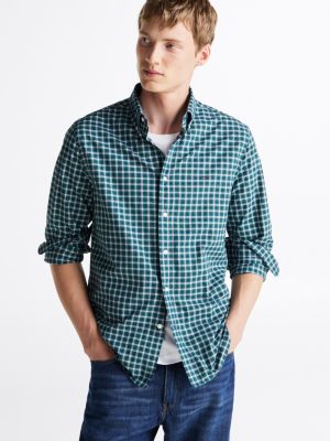 green tartan check regular fit poplin shirt for men tommy hilfiger