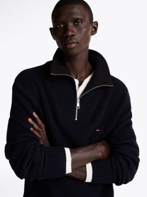pull en tricot côtelé à demi-zip noir pour hommes tommy hilfiger