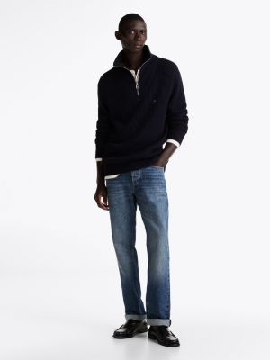 pull en tricot côtelé à demi-zip noir pour hommes tommy hilfiger
