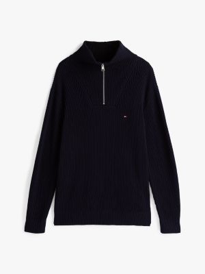 pullover in maglia a coste con mezza zip nero da uomini tommy hilfiger