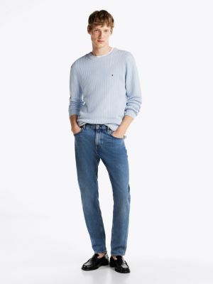 blue herringbone knit crew neck jumper for men tommy hilfiger