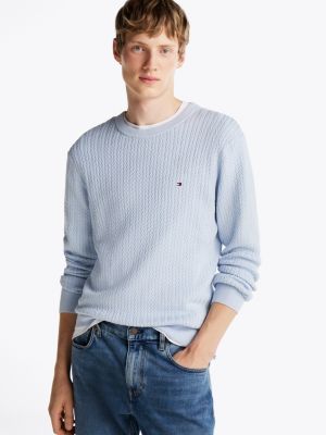 blue herringbone knit crew neck jumper for men tommy hilfiger