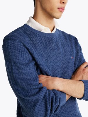 blue herringbone knit crew neck jumper for men tommy hilfiger