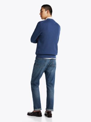 blue herringbone knit crew neck jumper for men tommy hilfiger