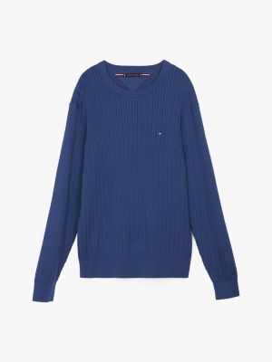 blue herringbone knit crew neck jumper for men tommy hilfiger