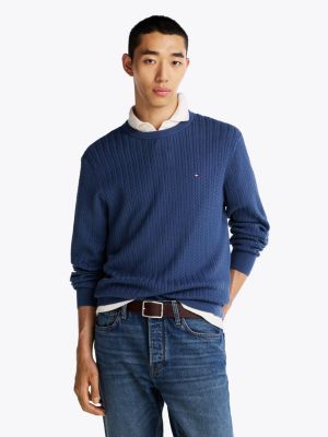 blue herringbone knit crew neck jumper for men tommy hilfiger