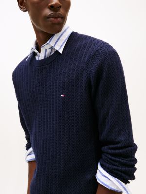 blue herringbone knit crew neck jumper for men tommy hilfiger