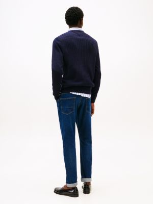 blue herringbone knit crew neck jumper for men tommy hilfiger