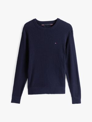 blauw visgraatgebreide trui met ronde hals voor heren - tommy hilfiger