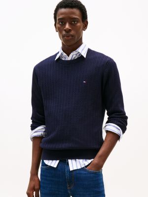 blue herringbone knit crew neck jumper for men tommy hilfiger