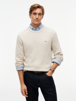 beige herringbone knit crew neck jumper for men tommy hilfiger